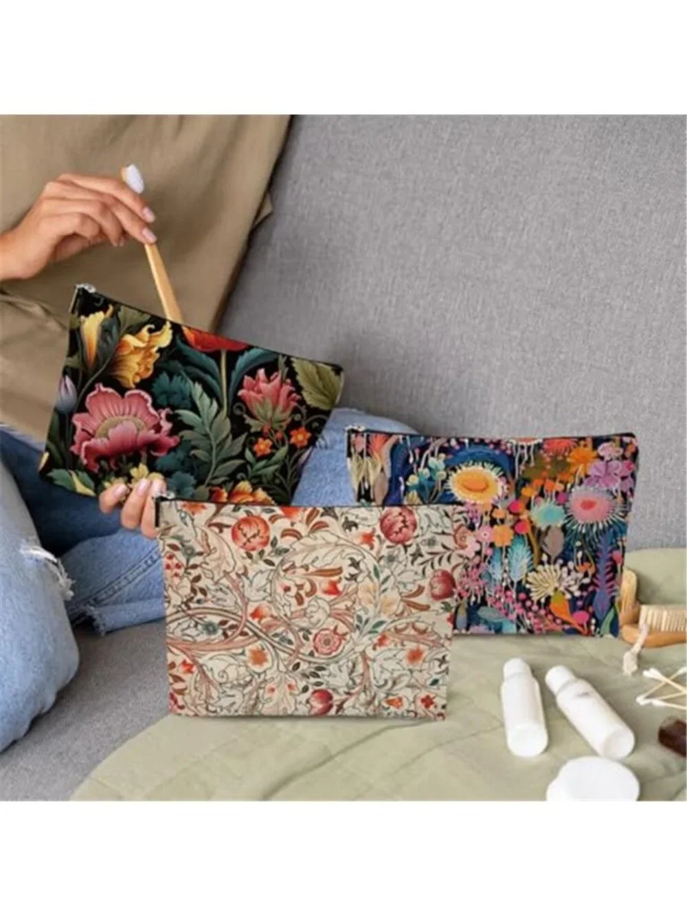 3pcs Colorful Flower Makeup Bag, Abstract Botanical Flower Cosmetic Bag
